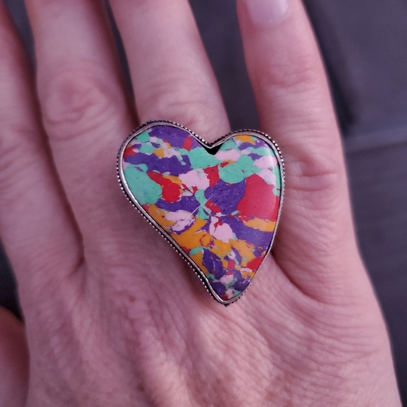 New Heart Shaped Mosaic Jasper 925 Silver Ring. - Picture 1 of 13